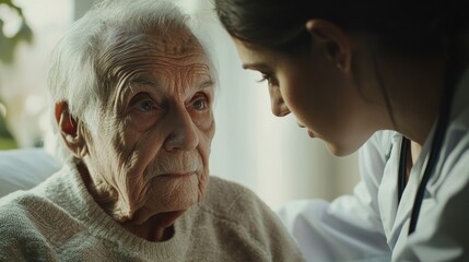 A doctor or nurse showing dignity and care while attending to an elderly patient.