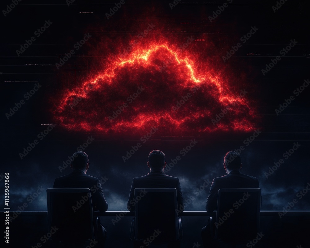 Poster three figures sit in silhouette before a fiery red cloud, creating a dramatic and mysterious atmosph