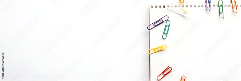 Aufkleber A flat lay design features a notepad with a set of colorful paper clips on a white background symbolizing business creativity._00002_