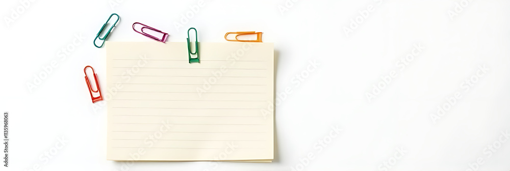 Aufkleber A flat lay design features a notepad with a set of colorful paper clips on a white background symbolizing business creativity._00001_