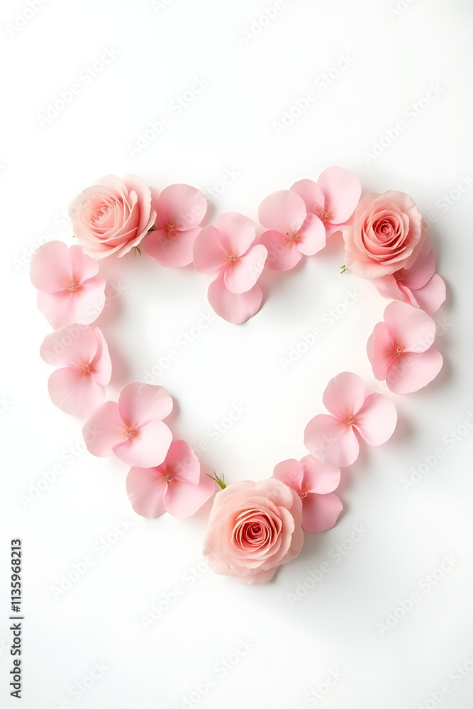 Poster a delicate heart shape is created using a rose with petal flowers on a pure white background in a fl
