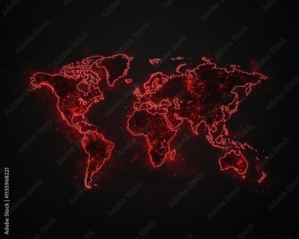 Poster a glowing red world map on a dark background, highlighting global connectivity and geographical feat
