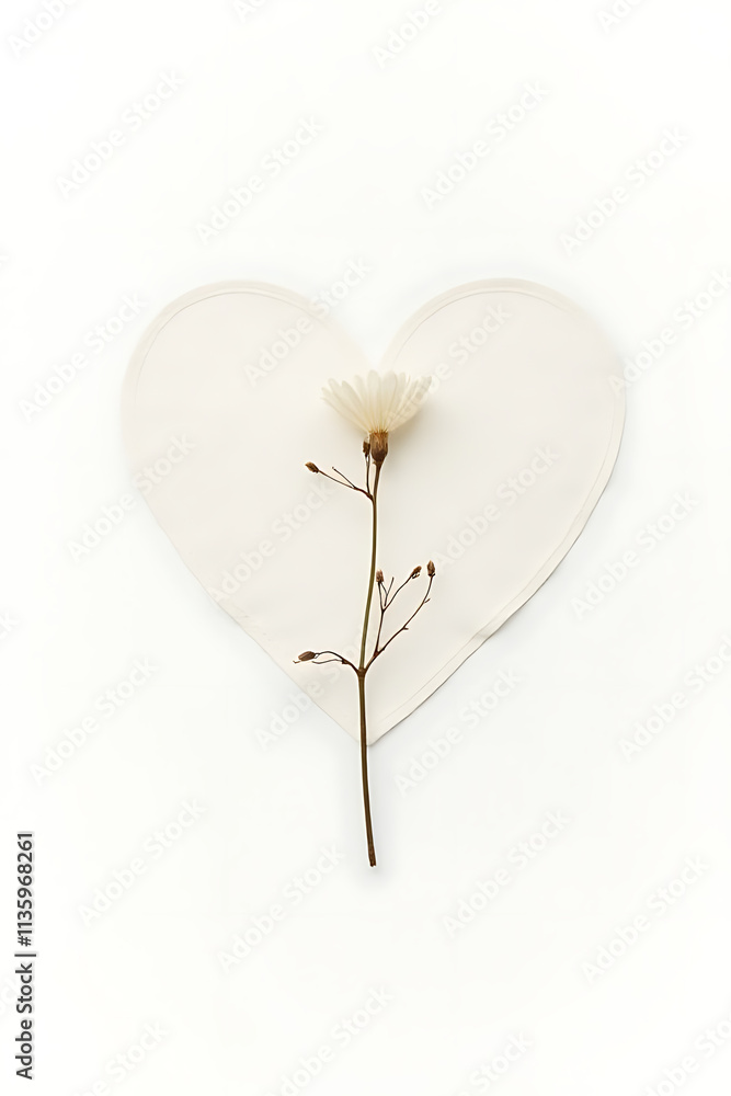 Poster a delicate heart shape is adorned with a small dried branch and a lone flower on a pure white backgr