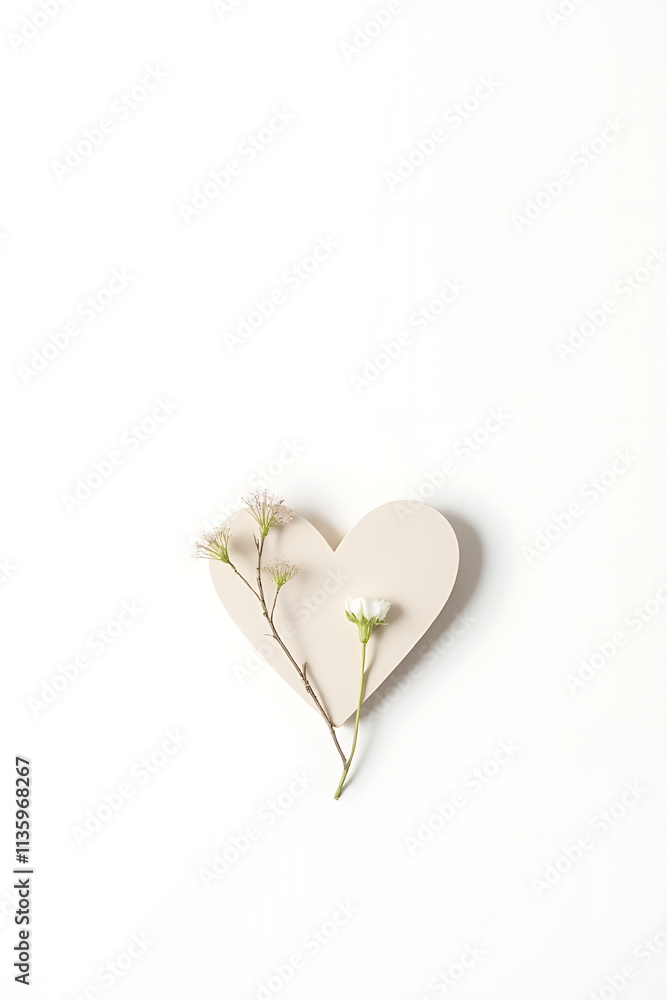 Poster a delicate heart shape is adorned with a small dried branch and a lone flower on a pure white backgr