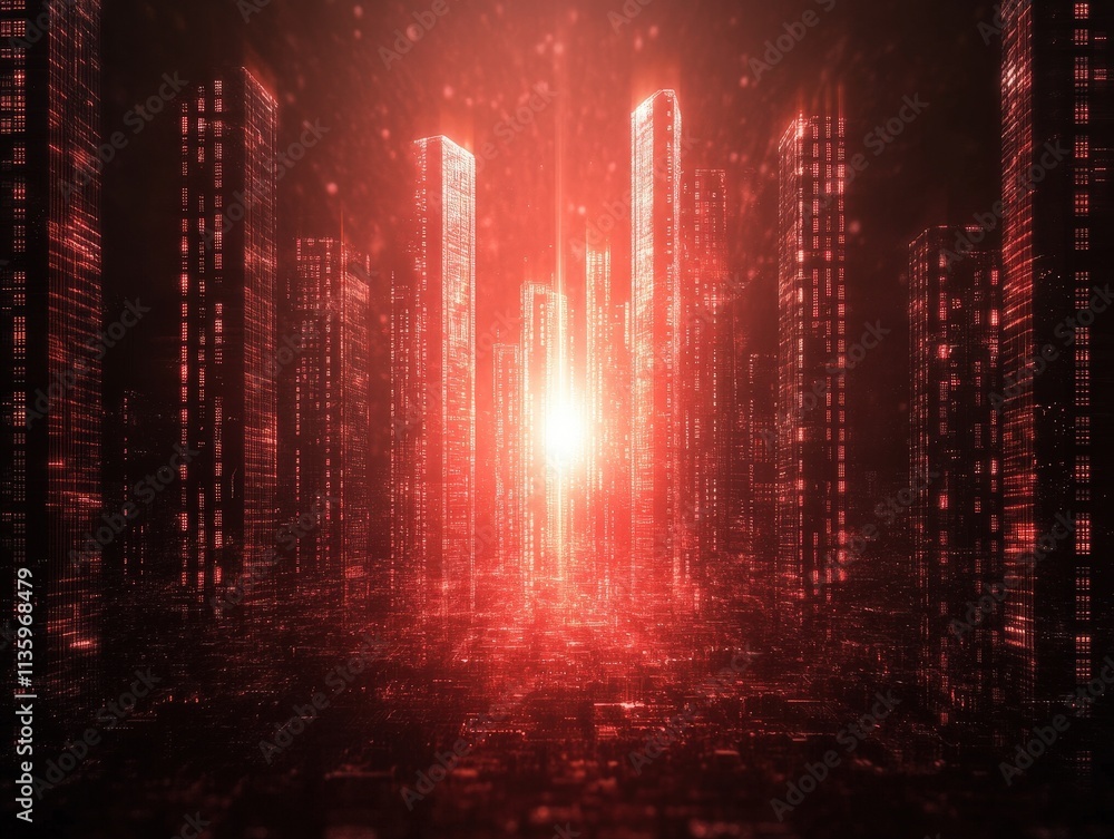 Poster a futuristic cityscape illuminated in red, featuring tall, glowing structures against a dark backdro