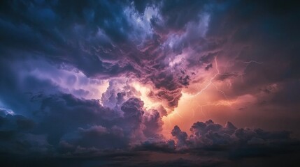 Naklejka premium A dynamic, stormy sky with lightning cutting through dark clouds, capturing the raw power and beauty of nature.