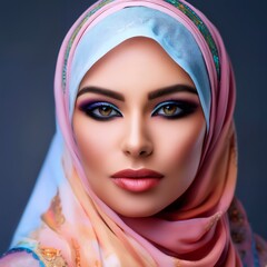 Naklejka premium A close-up portrait of a beautiful woman wearing a pastel hijab with intricate makeup. The image showcases her elegant style and soft features.