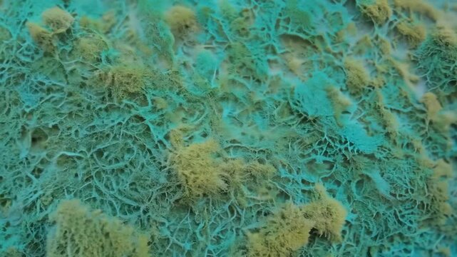 Camera moves across a lichen texture featuring sage green and pale blue with branching fractal patterns and soft ambient light