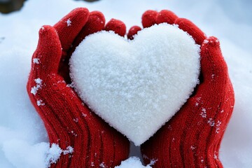 Fototapeta premium Snowy Heart in Red Knit Gloves Winter Love