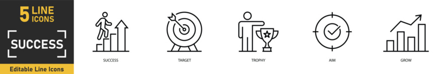 Fototapeta premium Success line icon set. Set of 5 outline icons related to success, target, trophy, aim, grow and more. Vector illustration.