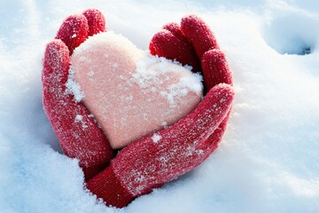 Obraz premium Snowy Heart in Red Gloves Winter Love Concept