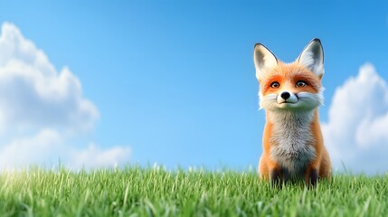 Obraz premium Playful Fox Exploring a Lush Meadow Under a Bright Sky Nature Photography Outdoor Environment Close-Up Perspective