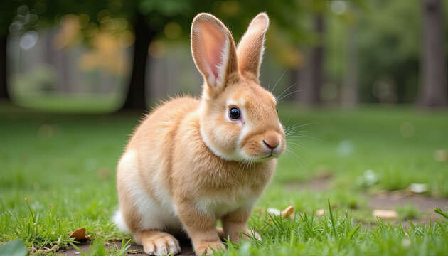 Fluffy rabbit with upright ears sitting on grass, close-up - Powered by Adobe