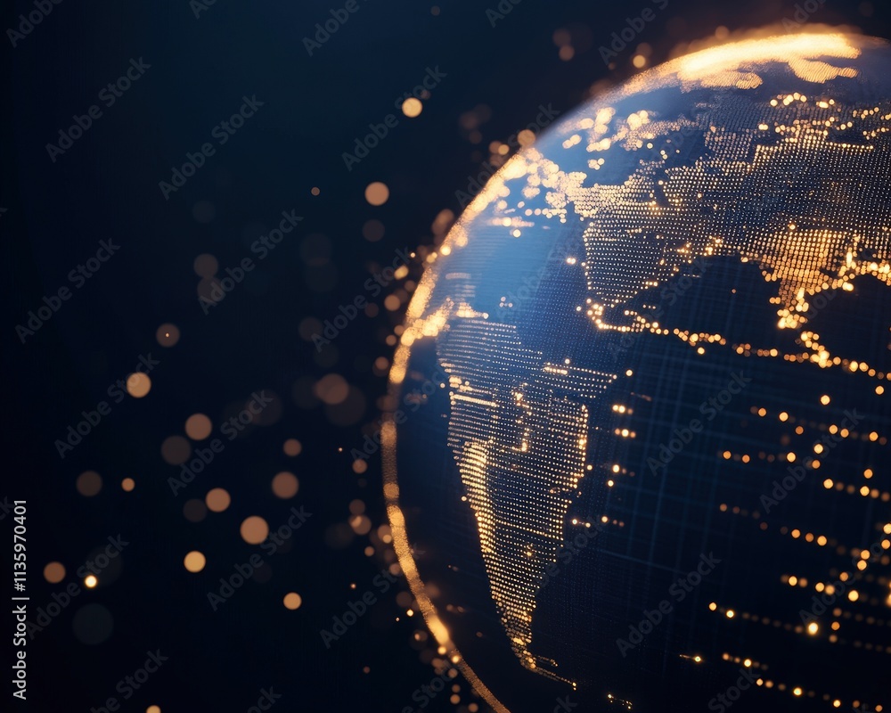Poster a digital globe illuminated with glowing lines and dots, representing global connectivity and techno