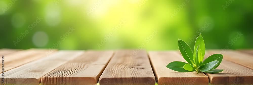 Poster a blurred wood table top with a splash of vibrant greenery serves as a versatile backdrop for produc