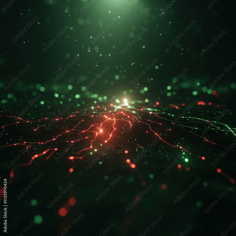 Poster a mesmerizing digital abstract landscape featuring vibrant red and green lights against a dark backg