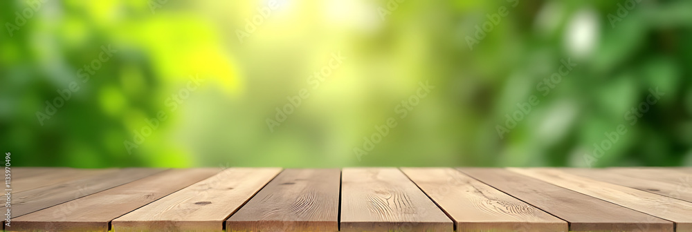 Poster a blurred wood table top with a splash of vibrant greenery serves as a versatile backdrop for produc
