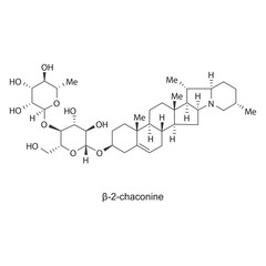β-2-chaconine skeletal structure diagram.Plant alkaloid compound molecule scientific illustration.