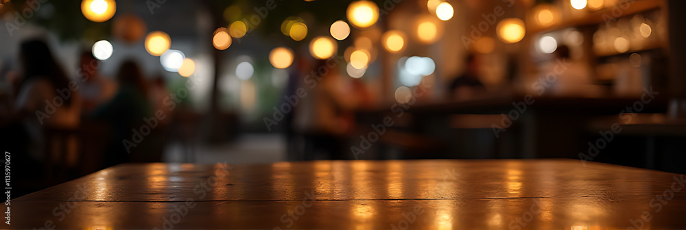 Aufkleber a blurred wood table is partially visible in the dimly lit background of a bustling nighttime café o