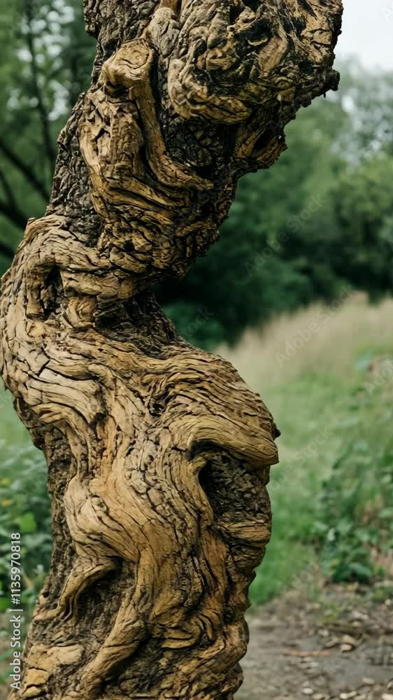 Poster unique gnarled tree trunk in a lush green setting showcasing intricate natural patterns and textures