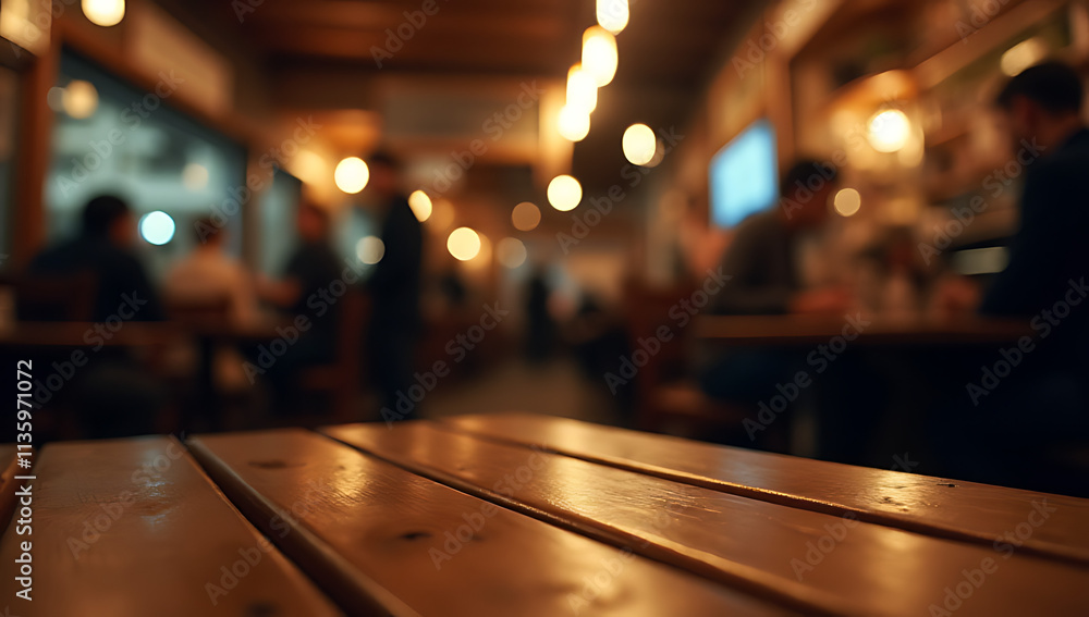 Aufkleber a blurred wood table is partially visible in the dimly lit background of a bustling nighttime café o