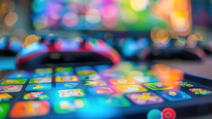 Close-up of digital tablet showing vibrant game sale banner with discounted icons, capturing the thrill of gaming promotions and special offers.