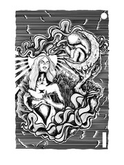 Surreal Black and White Illustration of a Woman and Child in a Mystical Landscape, engraving style, mother day