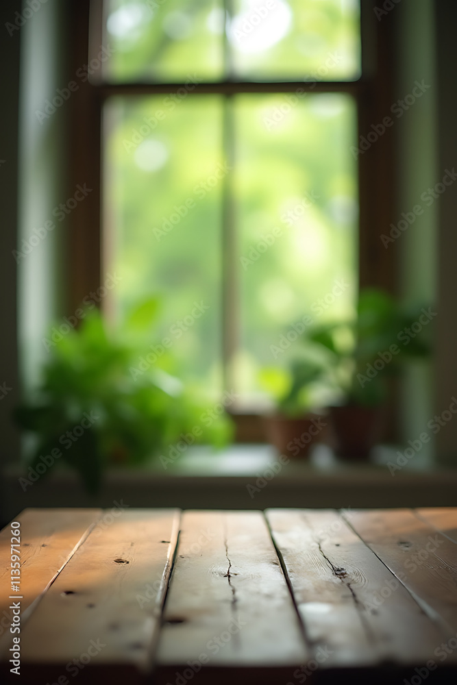 Poster a blurred green garden scene is visible through a window opposite an empty wooden table in an abstra