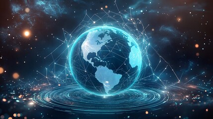 Obraz premium Mobile global internet communications. World wide web on phone via wireless satellite network technology. Smartphone digital connection at clouds services of all earth. Holographic abstract interface