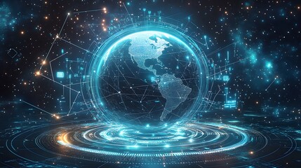 Fototapeta premium Mobile global internet communications. World wide web on phone via wireless satellite network technology. Smartphone digital connection at clouds services of all earth. Holographic abstract interface