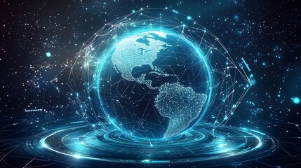 Obraz premium Mobile global internet communications. World wide web on phone via wireless satellite network technology. Smartphone digital connection at clouds services of all earth. Holographic abstract interface