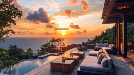 Fototapeta premium lavish outdoor terrace overlooking stunning sunset with ocean views