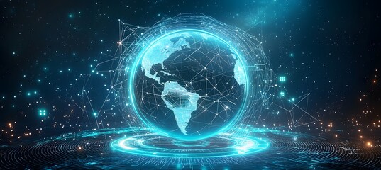  Mobile global internet communications. World wide web on phone via wireless satellite network technology. Smartphone digital connection at clouds services of all earth. Holographic abstract interface