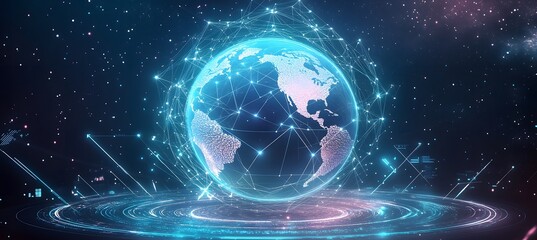  Mobile global internet communications. World wide web on phone via wireless satellite network technology. Smartphone digital connection at clouds services of all earth. Holographic abstract interface