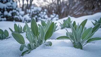 Stunning Sage Plants in Winter Snow: Frosty Green Leaves