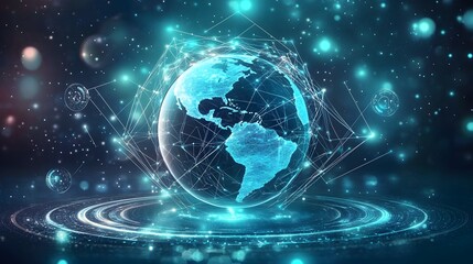  Mobile global internet communications. World wide web on phone via wireless satellite network technology. Smartphone digital connection at clouds services of all earth. Holographic abstract interface