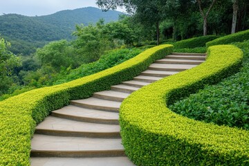 Obraz premium Hardscape steps winding through a serene garden, inviting exploration and tranquility in nature's embrace.