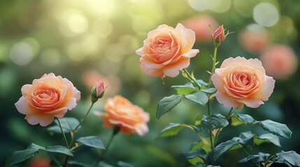 Peach roses blooming in garden sunlight.