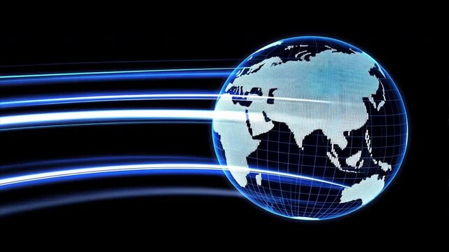 Digital Globe Blue Representation of Earth with Glowing Lines, Showcasing Connectivity, Speed, and Technology Across Continents and Grid.
