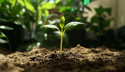 Fototapeta premium Young Sprout Emerging from Soil Close Up, New Life Growth Concept