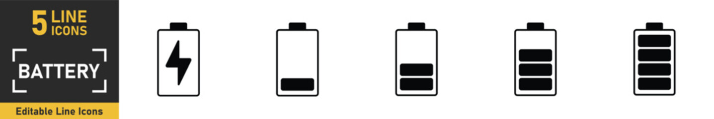 Battery line icon set. Set of 5 outline icons related to battery, charger, charge, indicator and more. Vector illustration.