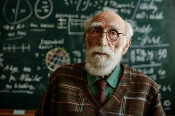 Distinguished Elderly Gentleman With White Beard Standing In Front Of A Chalkboard Filled With Mathematical Equations, A distinguished older gentleman with a white beard and glasses