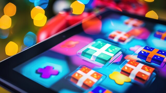 Close-up of digital tablet showing vibrant game sale banner with discounted icons, capturing the thrill of gaming promotions and special offers.