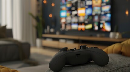 Close-up of joystick controller on gaming console with colorful game icons, symbolizing entertainment and leisure in modern living room setup.