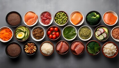 An assortment of bowls containing various protein sources and vegetables on a gray surface.
