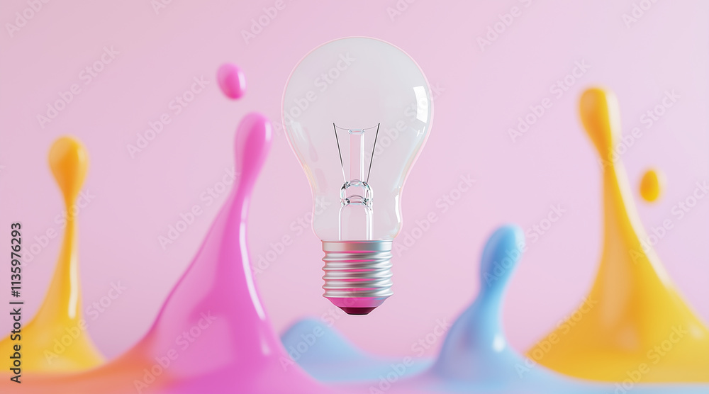 Poster a floating lightbulb surrounded by colorful splashes of glowing paint, representing a burst of creat