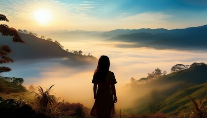 Serene Silhouette: Woman Gazing at Misty Sunrise Landscape