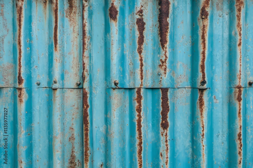 Poster rusty blue texture with vertical lines and contrasting rust streaks on metal surface