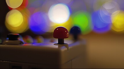 Close-up of joystick controller on gaming console with colorful game icons, symbolizing entertainment and leisure in modern living room setup.