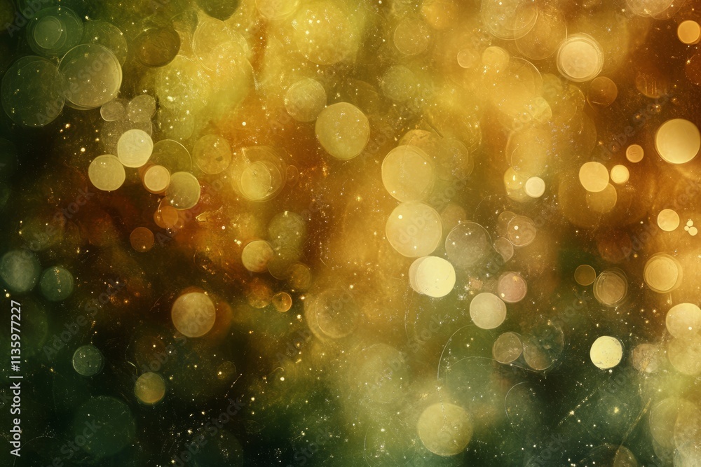 Poster Bokeh lights creating a soft, warm atmosphere with hues of green and gold in a blurred background